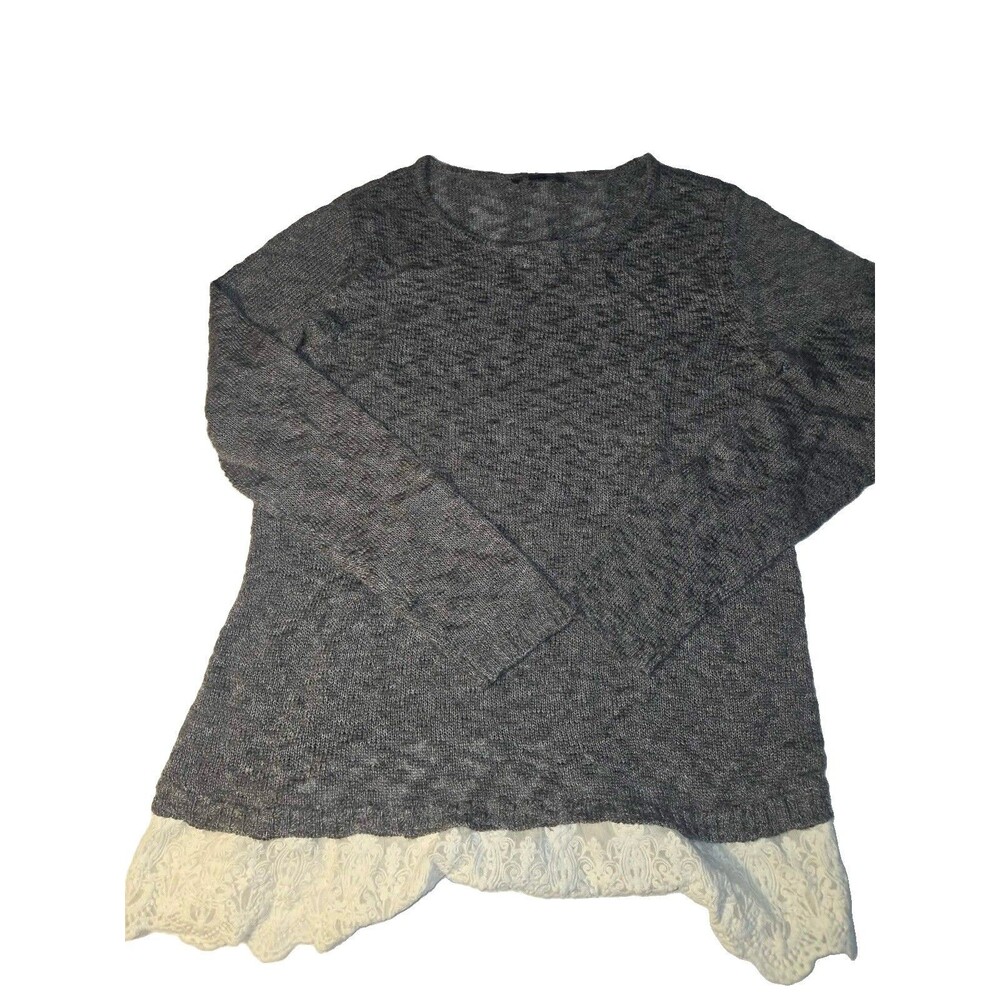 AB Studio Womens Sweater Knit Top Size Medium Long Sleeve Gray Lace Trim